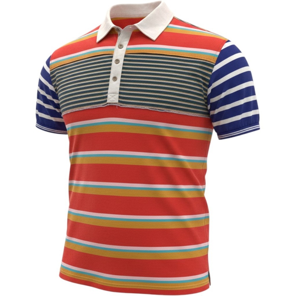 Multi Color Striped Rugby Polo Shirt Mens XL Orange Blue Patchwork Boho Coastal